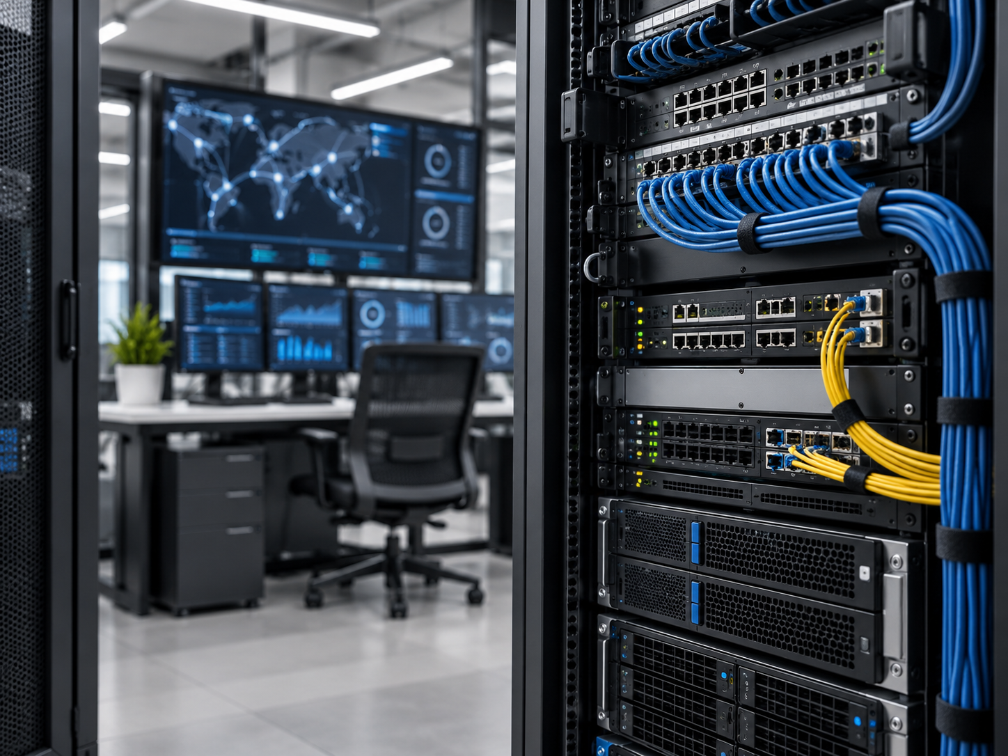 Rack de comunicaciones junto a una estación de monitoreo técnico